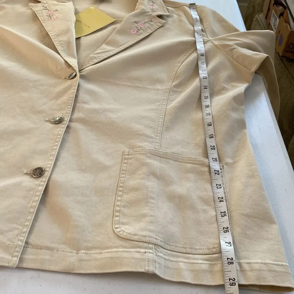 Denim&Co Floral Embroidered Jacket Blazer in Khaki Patch Pockets Stretch Denim